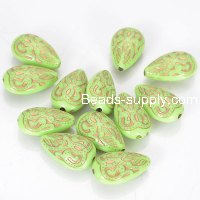 Plating Acrylic Beads, Golden Metal Enlaced, Corrugated Tear Drop, LT Green, 18x11x7mm, Hole: 1.6mm