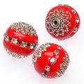 Indonesia Jewelry Beads, Drum shape,antique"pewter" with cup chains rhinestone,red color