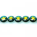 Bead, lampworked glass, blue and yellow, 12mm double-sided flat round with starfish design
