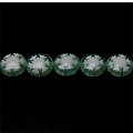 Bead, lampworked glass, white/green, 12mm double-sided flat round with snowflake design