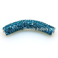 Pendants, polyclay and crystal, aqua/aqua, 10*45mm bend round tube,sold per 10 pieces .