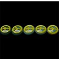 Bead, lampworked glass, Lt green/yellow, 12mm double-sided flat round with peace design