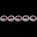 Bead, lampworked glass, red/black/white, 12mm double-sided flat round with Junebug design